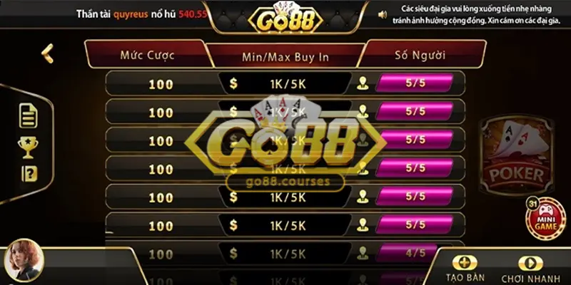 Poker là game bài nổi bật nhất tại cổng game Go88